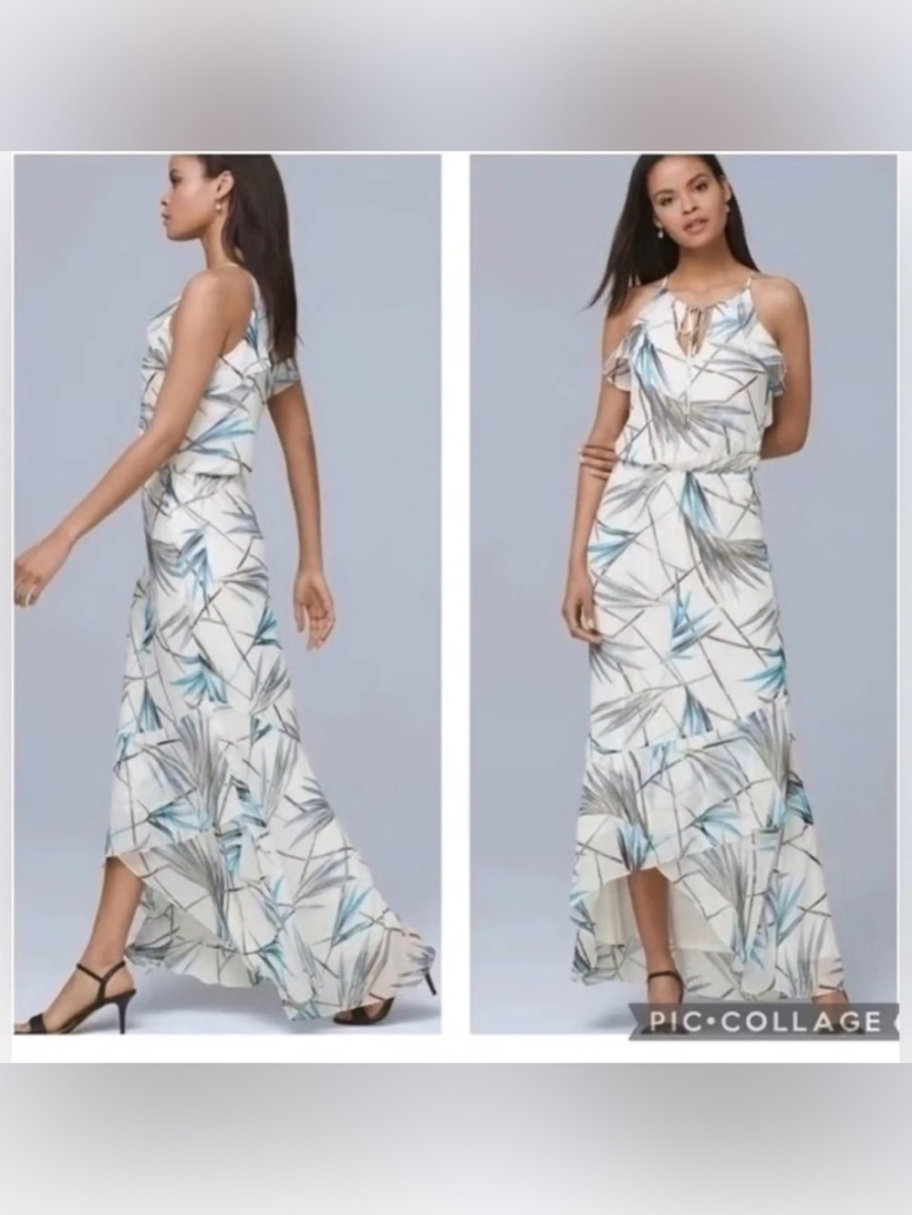 White House Black Market White Maxi Dress with Blue & Gray palm Leaf Print